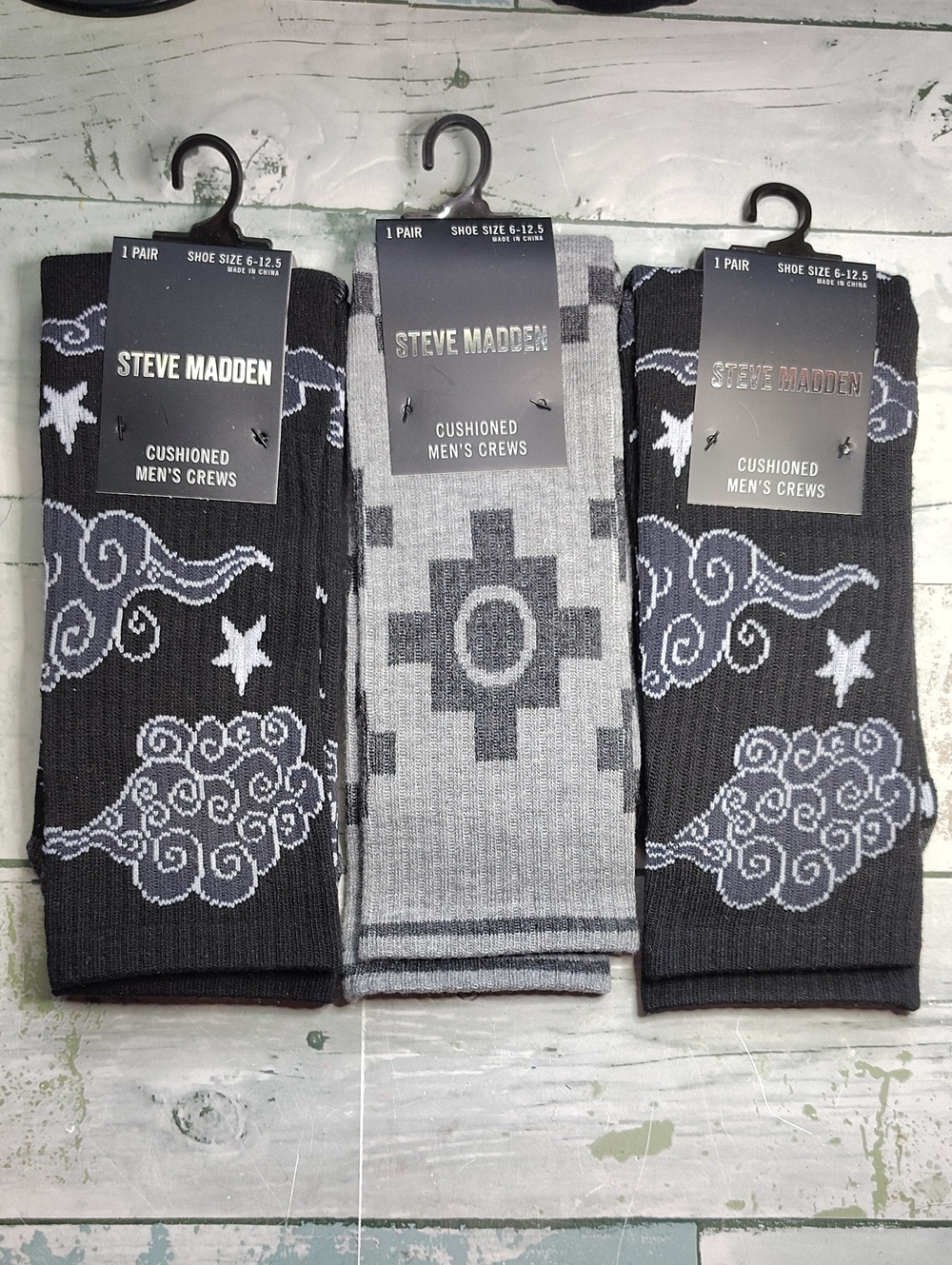 🧦Steve Madden Men's Black & Gray Cushioned Patterned Crew Socks - 3 Pr.🧦